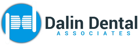 Dalin Dental Associates logo with modern blue initials, representing a family and cosmetic dental practice.