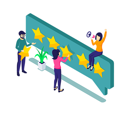 Graphic illustration of people leaving five-star reviews, symbolizing customer feedback and reputation management.