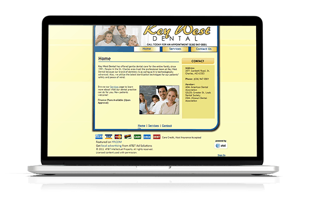 Outdated dental website example for Key West Dental, illustrating an unoptimized and non-responsive design