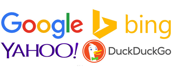 Logos of popular search engines including Google, Bing, Yahoo, and DuckDuckGo, used for dental SEO visibility.