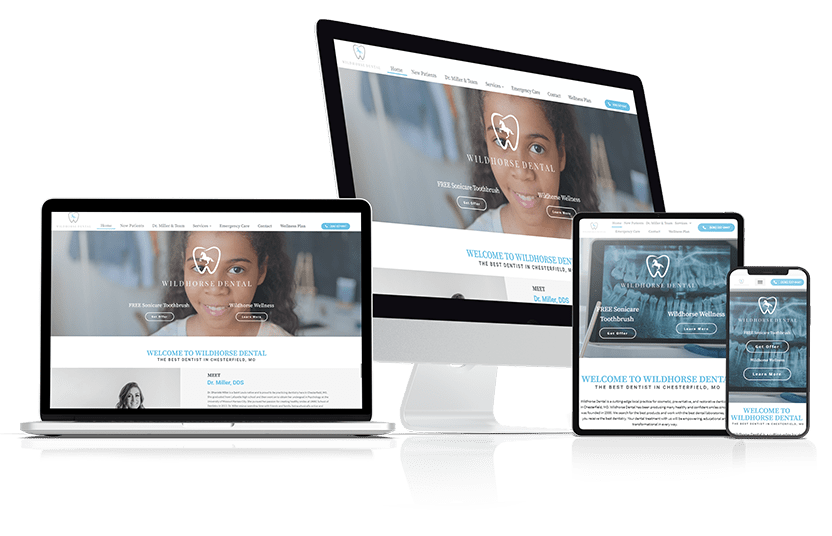 Screenshot of Wildhorse Dental’s responsive website displayed on desktop, laptop, tablet, and mobile devices, highlighting mobile-friendly dental web design