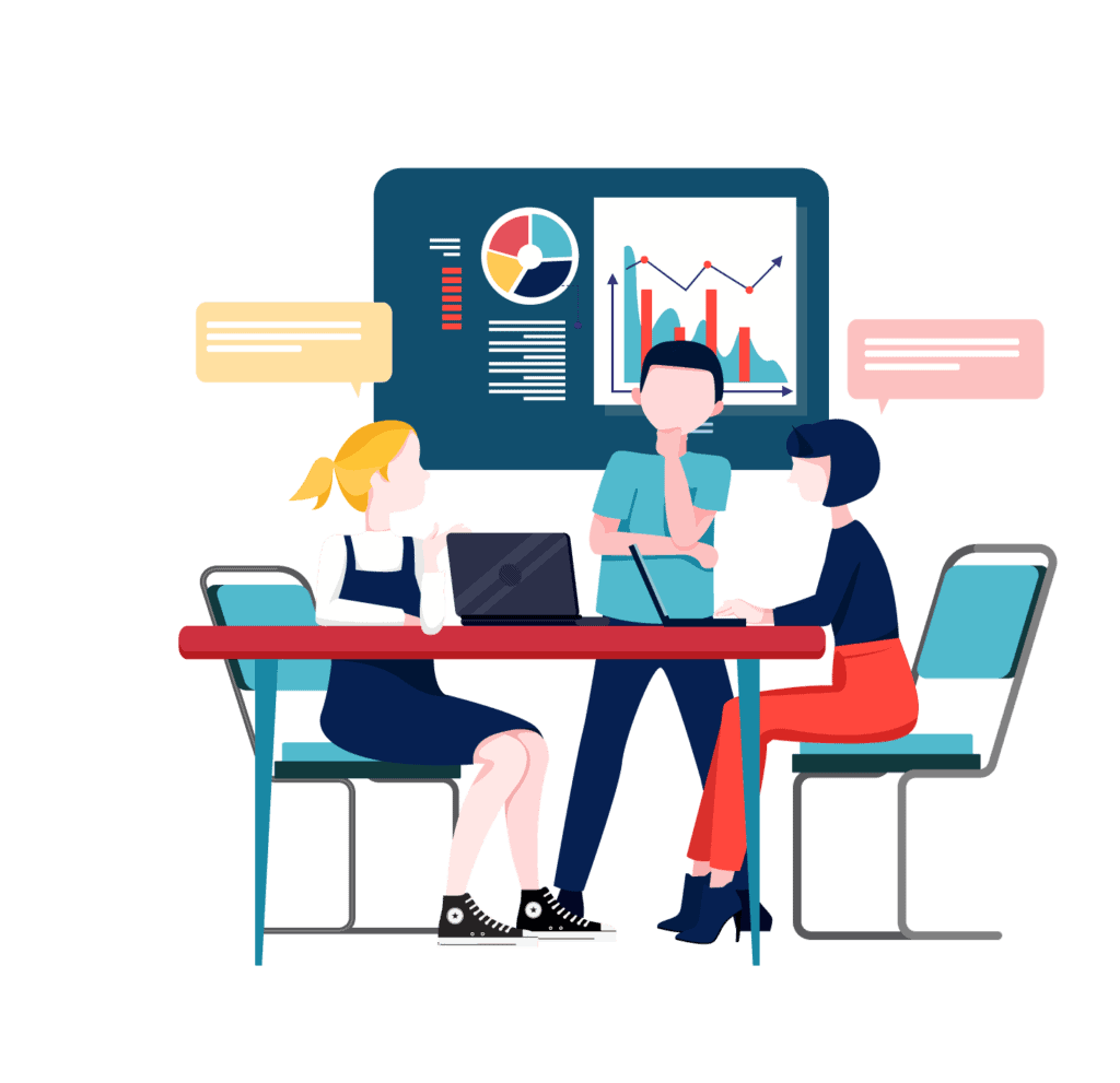 “Illustration of marketing team analyzing dental metrics and reports, representing data-driven strategy by Clear to Launch