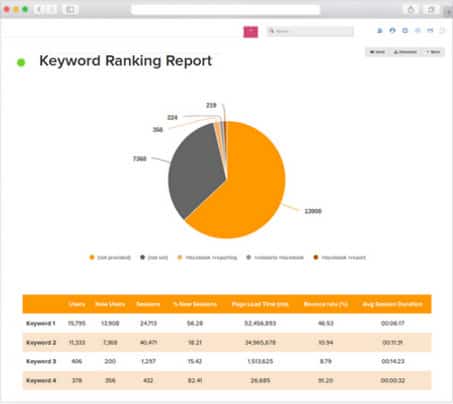 "Pie chart and keyword ranking report displaying keyword performance metrics for a dental SEO campaign