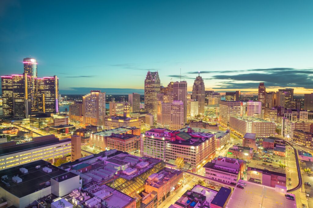 Detroit, Michigan, USA downtown skyline, showcasing Clear to Launch's expertise in dental marketing.