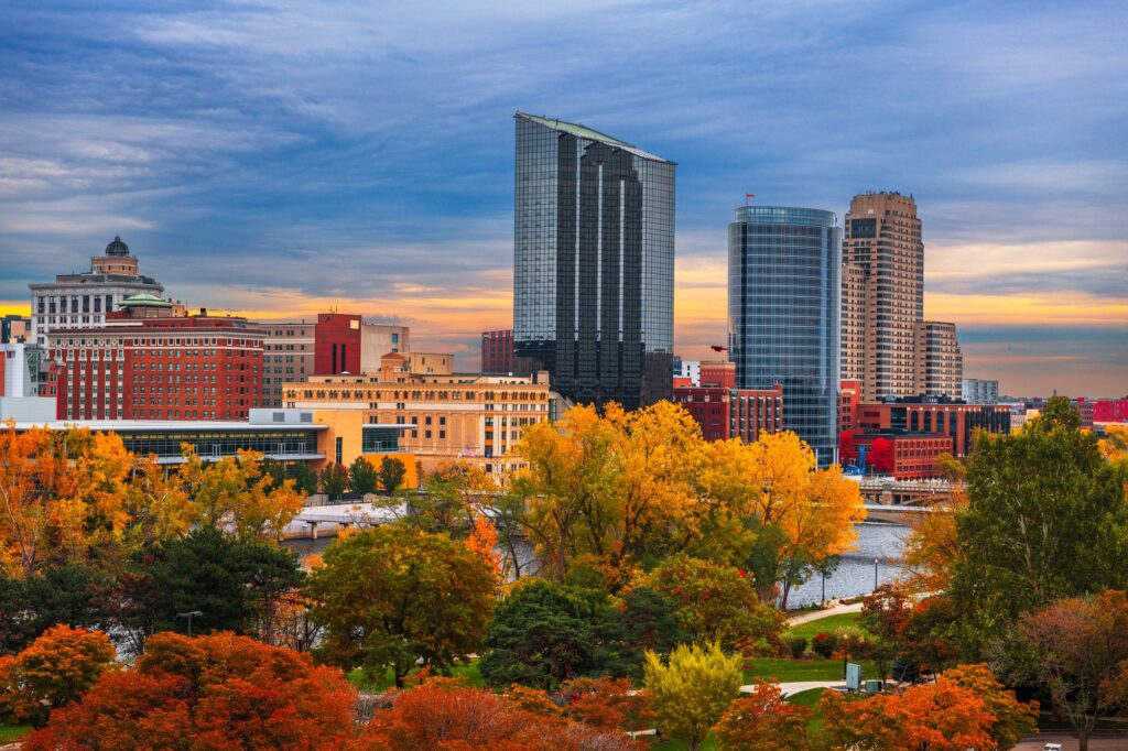 Grand Rapids, Michigan, USA skyline, symbolizing Clear to Launch's dental marketing excellence.