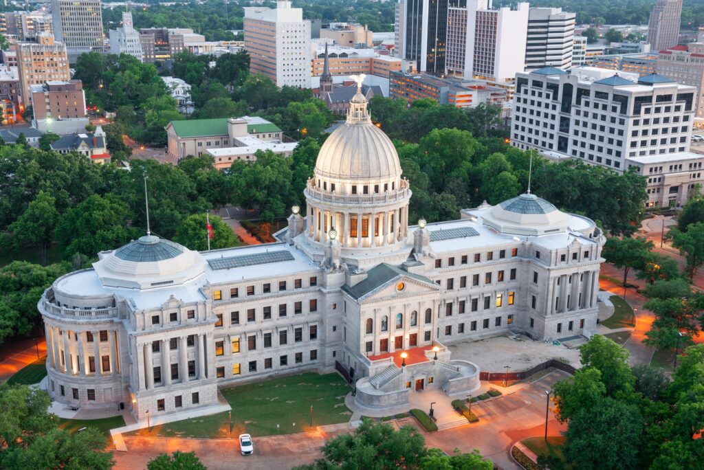 Jackson, Mississippi, USA downtown skyline, symbolizing specialized dental marketing by Clear to Launch in Jackson.