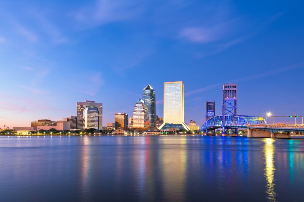 Jacksonville, Florida, USA downtown skyline, highlighting Clear to Launch's dental marketing expertise.