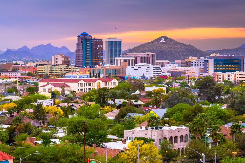 Tucson, Arizona, USA downtown skyline, showcasing Clear to Launch's expertise in dental marketing for Tucson.