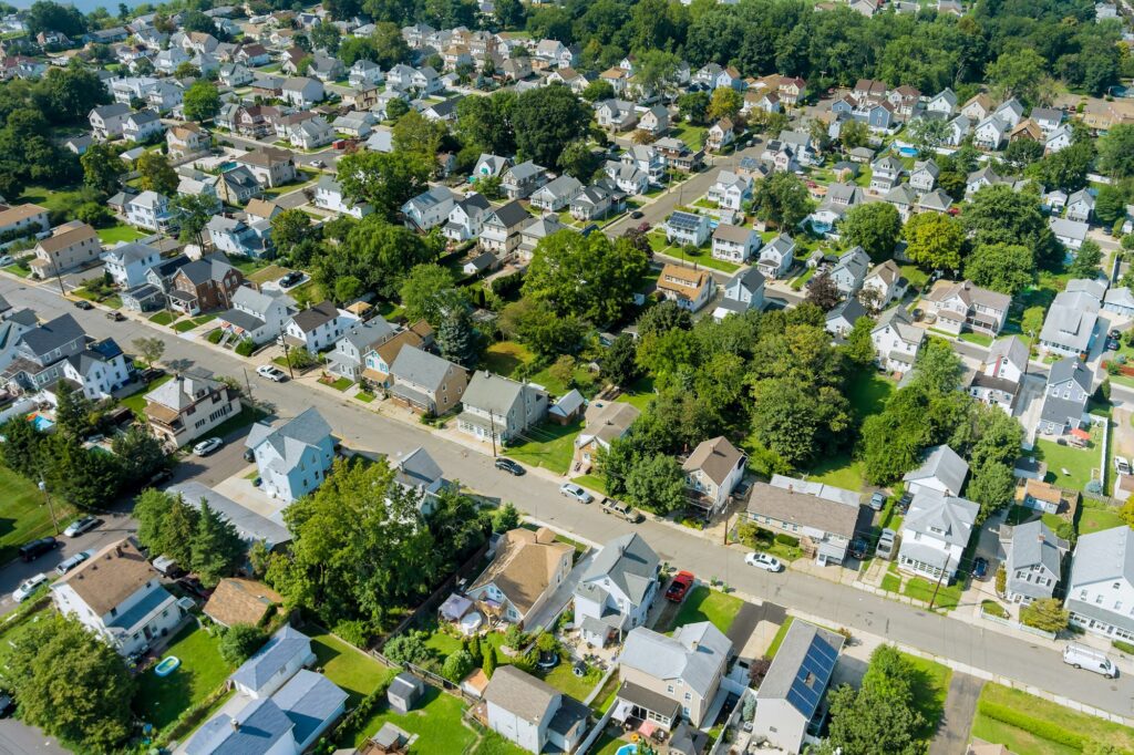 Aerial view of homes in Paterson, NJ, capturing the urban landscape and Clear to Launch Dental Marketing' strategic dental marketing initiatives tailored for Paterson dental practices.