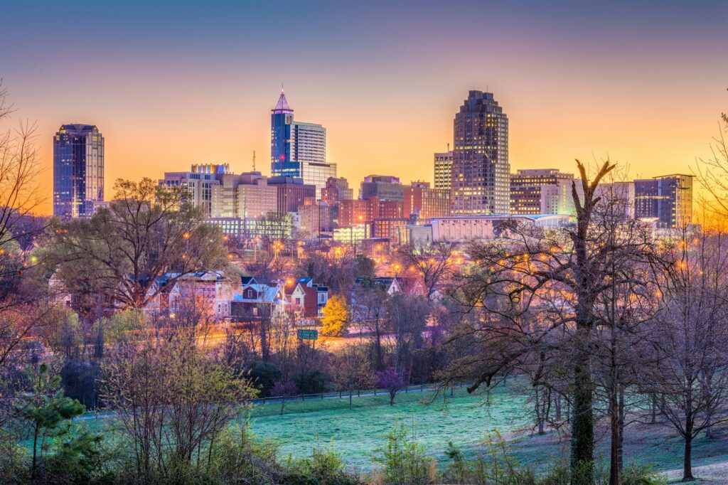 Skyline of Raleigh, NC, featuring the city's architectural landmarks and Clear to Launch Dental Marketing' comprehensive dental marketing solutions designed for Raleigh dental practices.