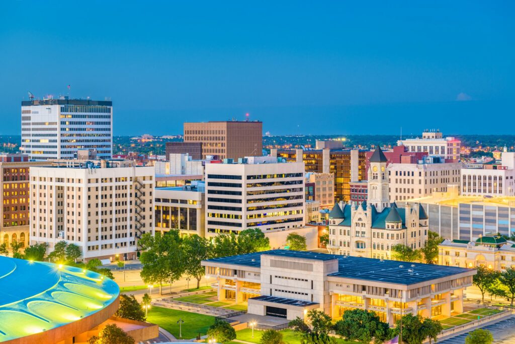 Downtown skyline of Wichita, KS, showcasing the urban energy and Clear to Launch Dental Marketing' innovative dental marketing strategies tailored for Wichita dental practices.