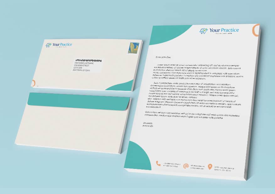 Custom dental practice letterhead and envelope design showcasing Clear to Launch’s professional branding services