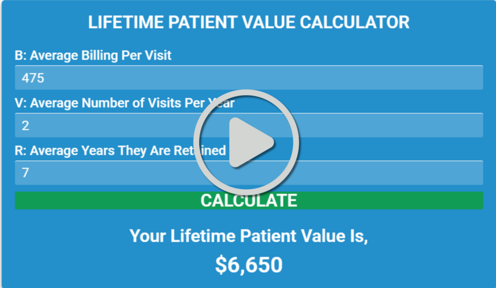 Lifetime Patient Value Calculator video thumbnail showing a formula to calculate the average patient’s long-term value to a dental practice.