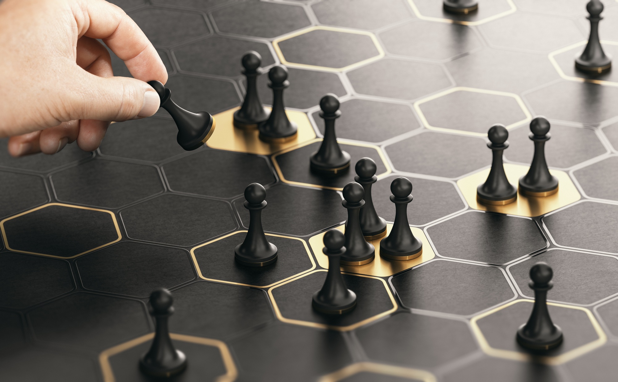 Strategic placement of game pieces on a hexagonal board representing Clear to Launch Dental Marketing’s approach to Google Ads strategy for dental practices in 2025
